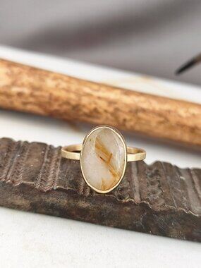 Rutile Quartz ring - 14K Solid yellow gold - Unique Gemstone Band